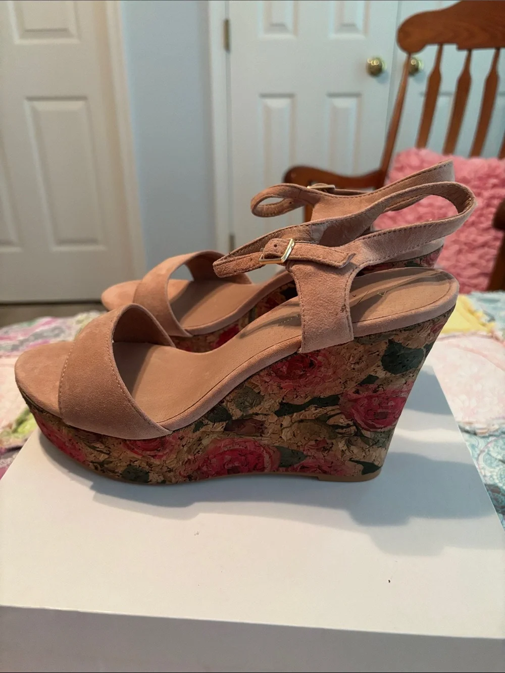 Anthropologie Blush Suede Wedge Sandals with Floral Cork Platform